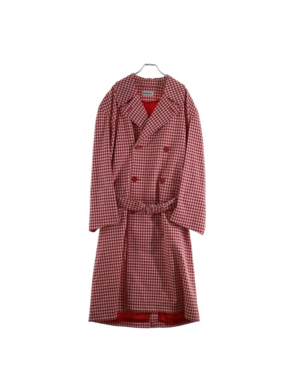 Balenciaga 20 AW Houndstooth Double Breasted Coat Long Chesterfield White Red